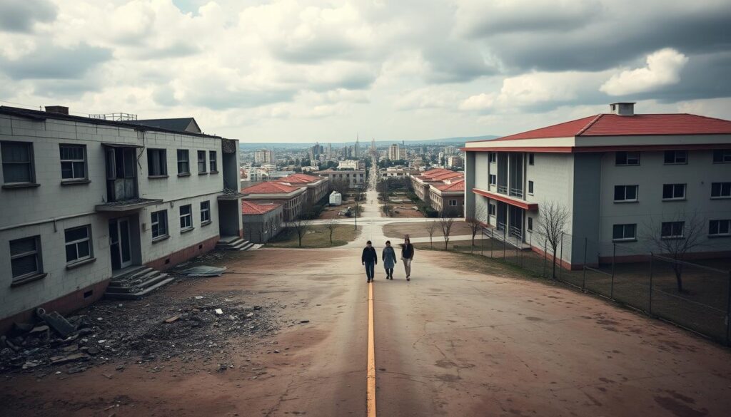 A striking visualization of disparities in school funding, captured in a panoramic view. In the foreground, a dilapidated, underfunded school with crumbling infrastructure, contrasted by a gleaming, well-equipped campus in the distance. The midground features a stark divide, with students from the two schools walking in opposite directions, representing the educational inequalities. The background showcases a diverse urban landscape, emphasizing the systemic nature of these disparities. Soft, muted tones evoke a sense of melancholy, while strategic lighting highlights the stark contrast between the two institutions. The composition draws the viewer's eye through the layers, compelling them to confront the harsh realities of the education system. A striking visualization of disparities in school funding, captured in a panoramic view. In the foreground, a dilapidated, underfunded school with crumbling infrastructure, contrasted by a gleaming, well-equipped campus in the distance. The midground features a stark divide, with students from the two schools walking in opposite directions, representing the educational inequalities. The background showcases a diverse urban landscape, emphasizing the systemic nature of these disparities. Soft, muted tones evoke a sense of melancholy, while strategic lighting highlights the stark contrast between the two institutions. The composition draws the viewer's eye through the layers, compelling them to confront the harsh realities of the education system.