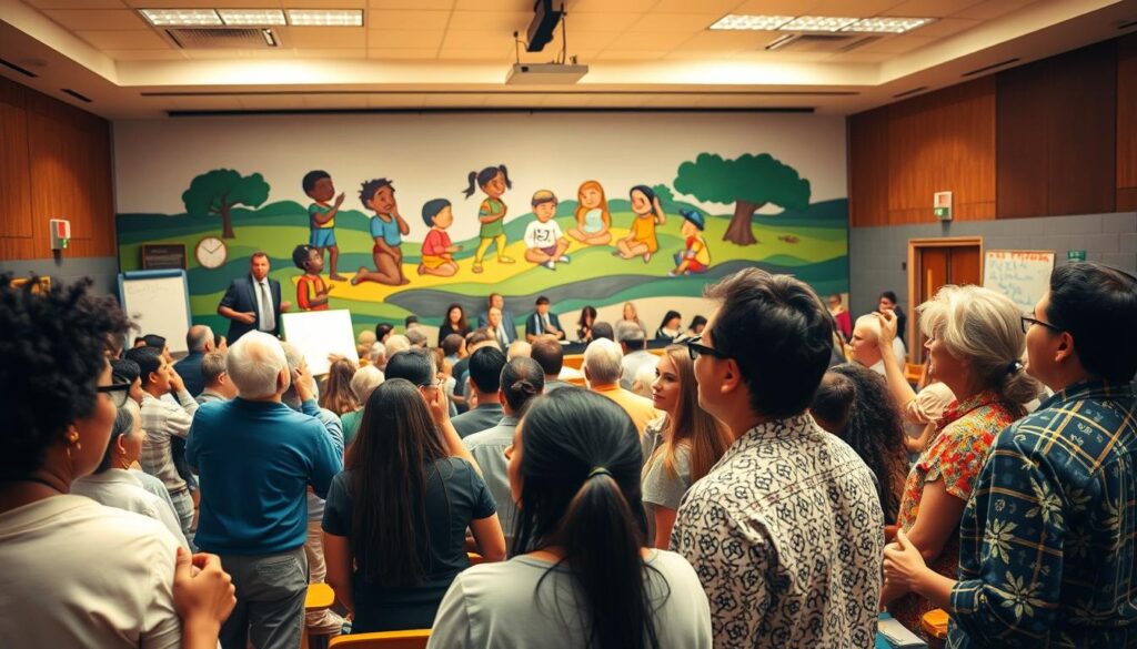 A vibrant, dynamic community gathering in a well-lit school auditorium, parents, teachers, and local leaders collaborating to address funding challenges. In the foreground, a diverse group of engaged citizens presenting ideas on whiteboards and brainstorming solutions. In the middle ground, a panel discussion taking place, the participants gesturing animatedly. In the background, a mural depicting children learning and thriving, symbolizing the community's investment in education. Warm, natural lighting illuminates the scene, conveying a sense of optimism and collective determination to ensure equitable opportunities for all students. A vibrant, dynamic community gathering in a well-lit school auditorium, parents, teachers, and local leaders collaborating to address funding challenges. In the foreground, a diverse group of engaged citizens presenting ideas on whiteboards and brainstorming solutions. In the middle ground, a panel discussion taking place, the participants gesturing animatedly. In the background, a mural depicting children learning and thriving, symbolizing the community's investment in education. Warm, natural lighting illuminates the scene, conveying a sense of optimism and collective determination to ensure equitable opportunities for all students.