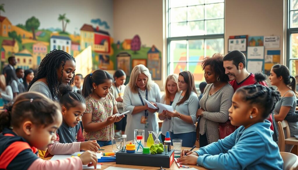 A warm, inviting community center with diverse groups of students, parents, and educators collaborating. In the foreground, a group of students from different backgrounds are engaged in a hands-on STEM activity, their faces filled with excitement. In the middle ground, teachers and community members are deep in discussion, brainstorming ways to support student success. The background features vibrant murals depicting the local neighborhood, bathed in soft, natural lighting that filters through large windows. The overall scene conveys a sense of unity, purpose, and a shared commitment to closing the achievement gap through meaningful partnerships. A warm, inviting community center with diverse groups of students, parents, and educators collaborating. In the foreground, a group of students from different backgrounds are engaged in a hands-on STEM activity, their faces filled with excitement. In the middle ground, teachers and community members are deep in discussion, brainstorming ways to support student success. The background features vibrant murals depicting the local neighborhood, bathed in soft, natural lighting that filters through large windows. The overall scene conveys a sense of unity, purpose, and a shared commitment to closing the achievement gap through meaningful partnerships.