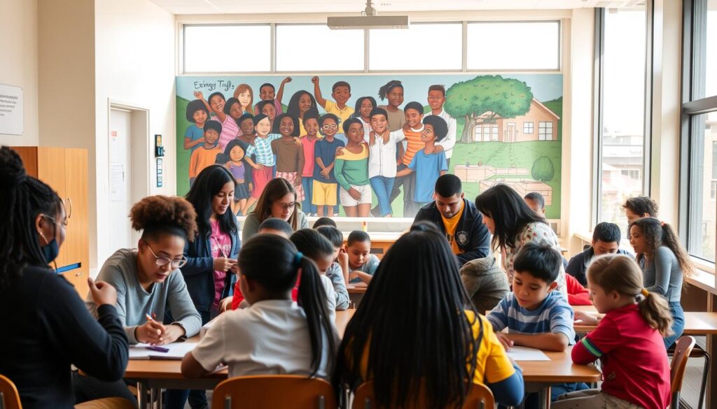 Closing achievement gap through community partnerships: A diverse group of educators, students, and community members collaborating in a warm, vibrant school setting. In the foreground, teachers and volunteers guide small groups of students through engaging learning activities. The middle ground features a mural depicting students of various backgrounds supporting one another, symbolizing the power of unity. In the background, a large window overlooks a thriving neighborhood, suggesting the deep connections between the school and its community. Soft, natural lighting fills the space, creating an atmosphere of optimism and progress. The scene conveys a sense of shared purpose, empowerment, and a steadfast commitment to equity in education. Closing achievement gap through community partnerships: A diverse group of educators, students, and community members collaborating in a warm, vibrant school setting. In the foreground, teachers and volunteers guide small groups of students through engaging learning activities. The middle ground features a mural depicting students of various backgrounds supporting one another, symbolizing the power of unity. In the background, a large window overlooks a thriving neighborhood, suggesting the deep connections between the school and its community. Soft, natural lighting fills the space, creating an atmosphere of optimism and progress. The scene conveys a sense of shared purpose, empowerment, and a steadfast commitment to equity in education.