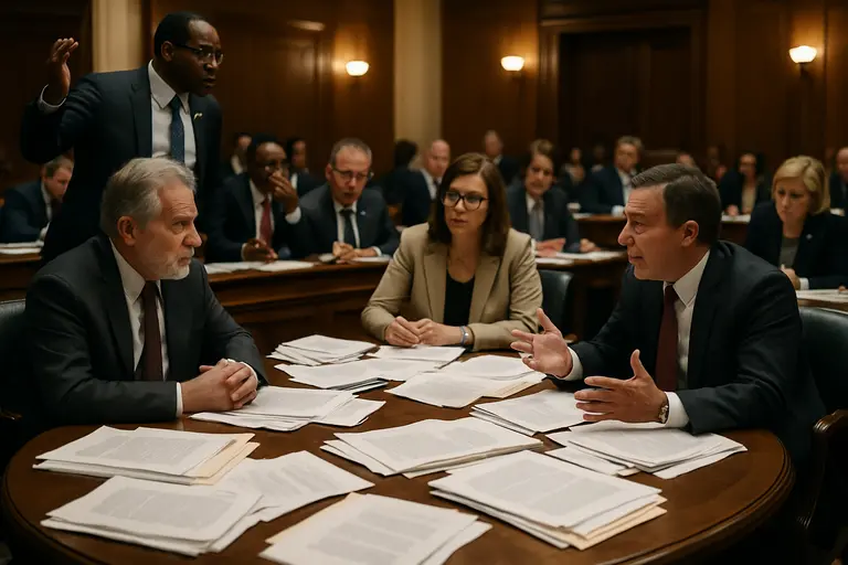 College officials reviewing policy documents in a meeting room