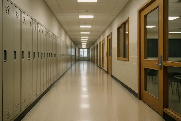Empty school hallway with classroom doors and lockers