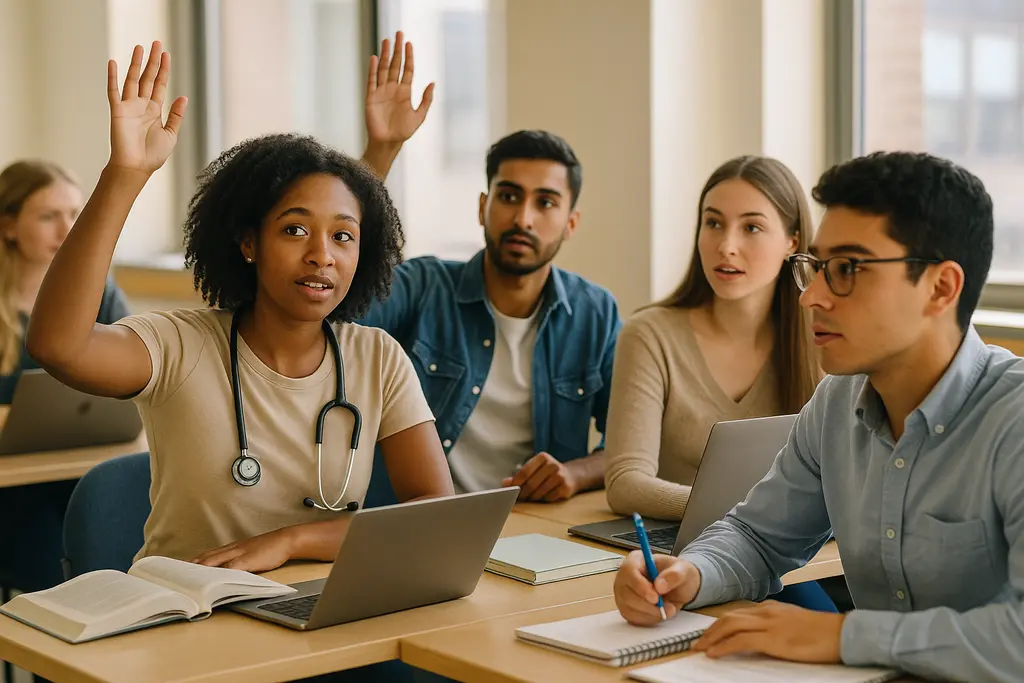 Students reviewing Medical School Admissions materials at a campus table