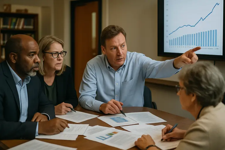 School administrators reviewing policy binders in a meeting room