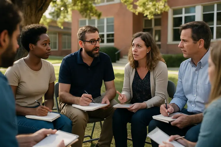 Parents and school staff discussing forms across a table