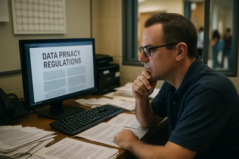 School administrators examine laptop use policies in a conference room