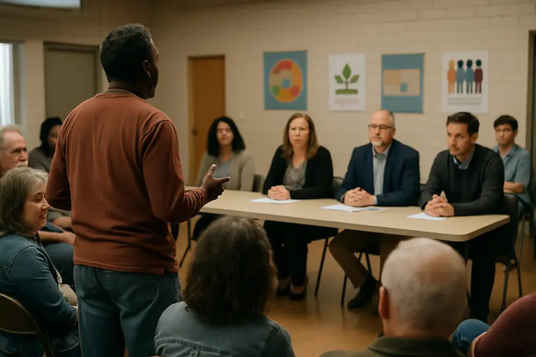Community members seated in a school board meeting room