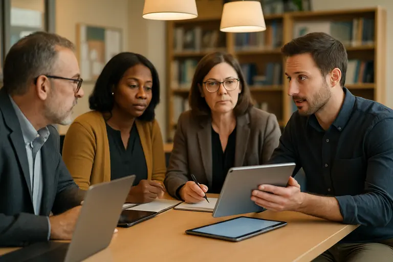 School staff reviewing education technology materials during a meeting