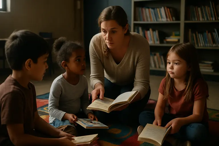 Preschool classroom with children working in small groups and teachers nearby