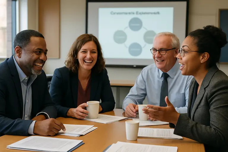 School team reviewing a student records workflow on paper