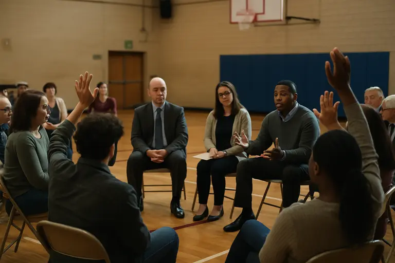 Students and advisors discussing college aid forms in a quiet office
