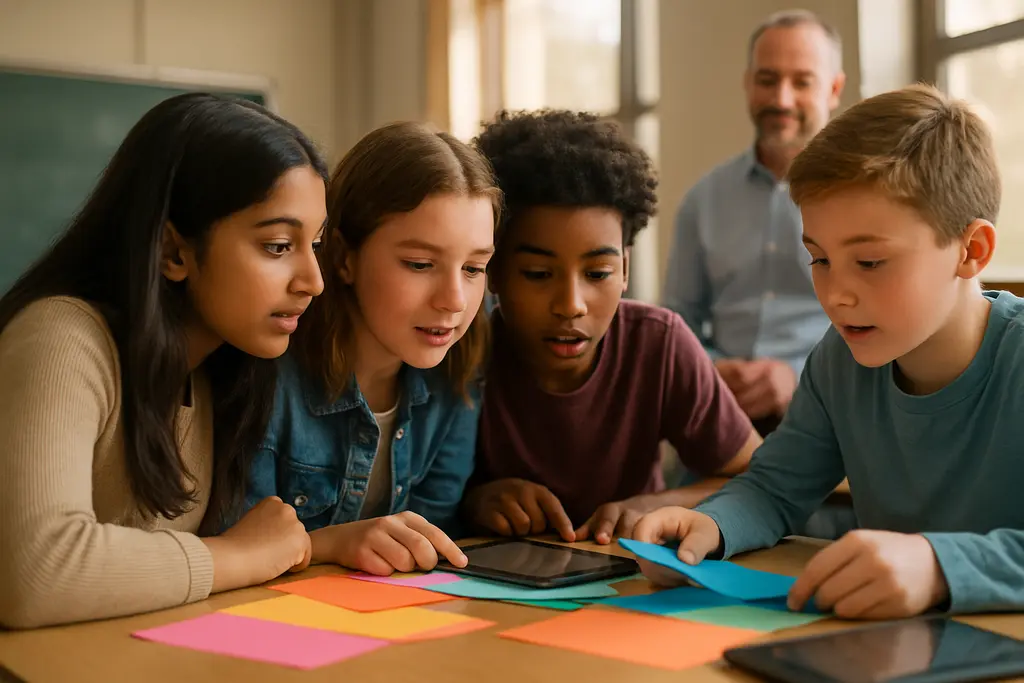 Students and teacher discussing the AI School Pause during a group lesson