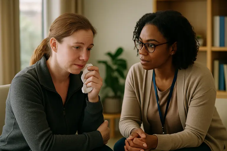 Counselor speaking with a student in a quiet school office
