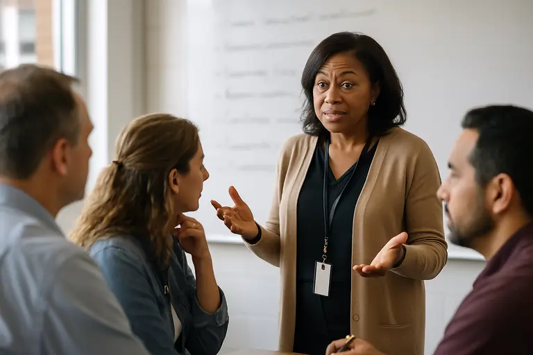 Educators discussing school procedures in a conference room