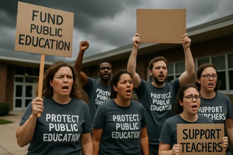 Educators gathered outside a state government building