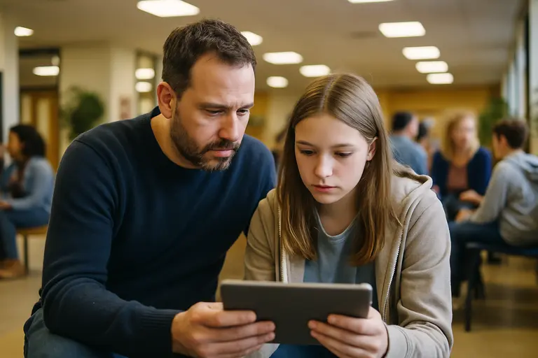 Locked student files and a laptop on a school office desk