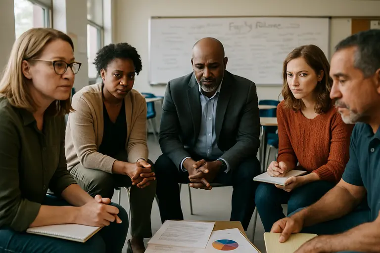School administrator reviewing policy papers at a conference table