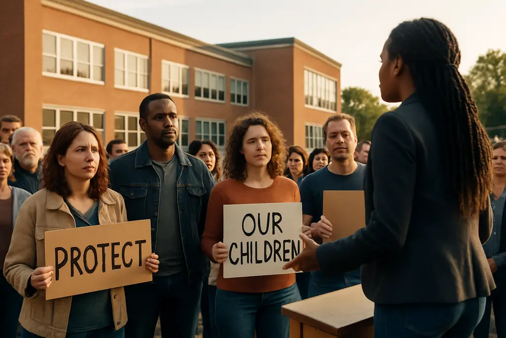 Parents and educators discussing school gender policies at a community meeting