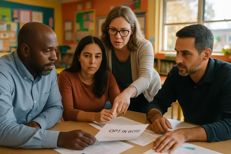 School staff organizing consent forms and student files